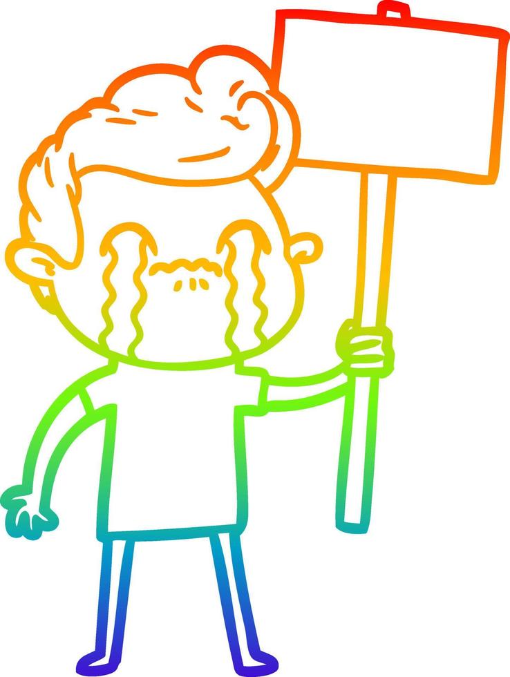 rainbow gradient line drawing cartoon man crying holding sign vector