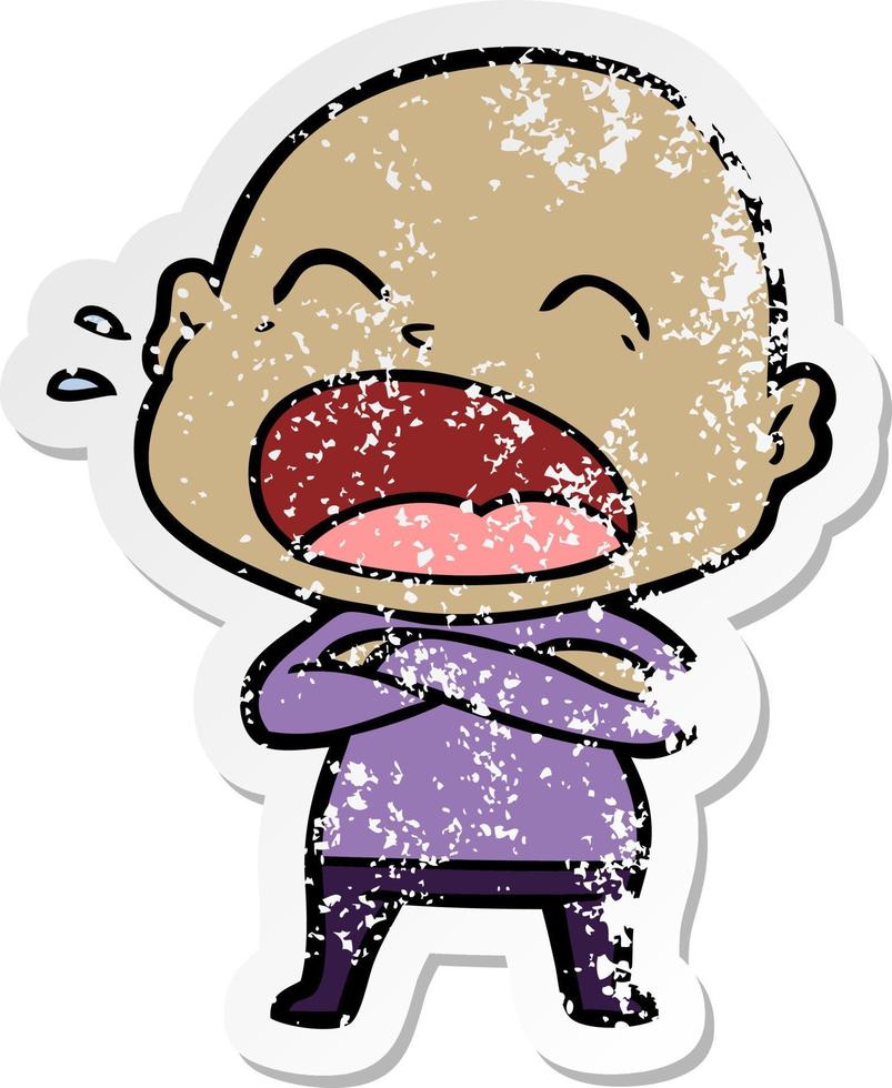 distressed sticker of a cartoon shouting bald man vector