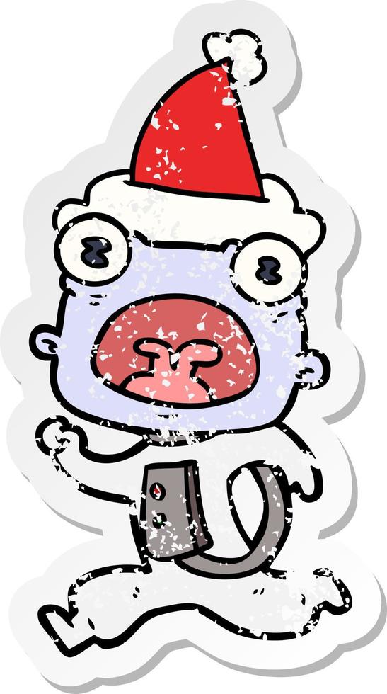 distressed sticker cartoon of a weird alien running away wearing santa hat vector