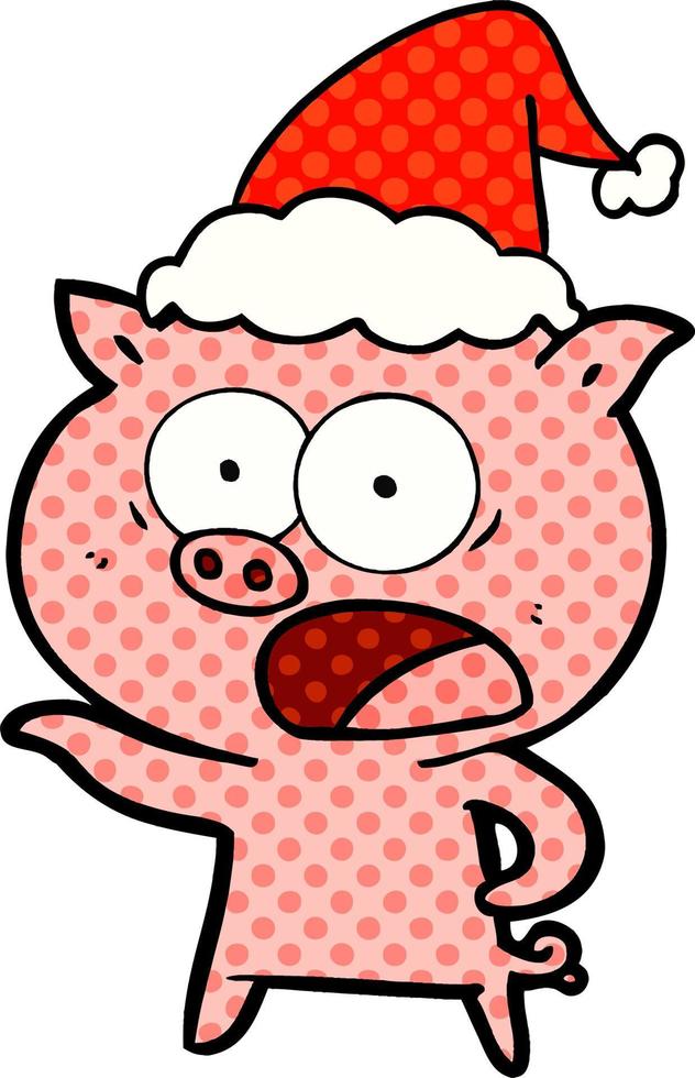 comic book style illustration of a pig shouting wearing santa hat vector