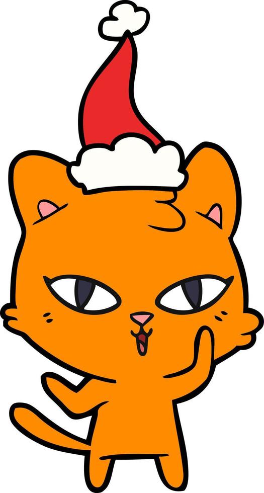dibujo lineal de un gato con gorro de Papá Noel vector
