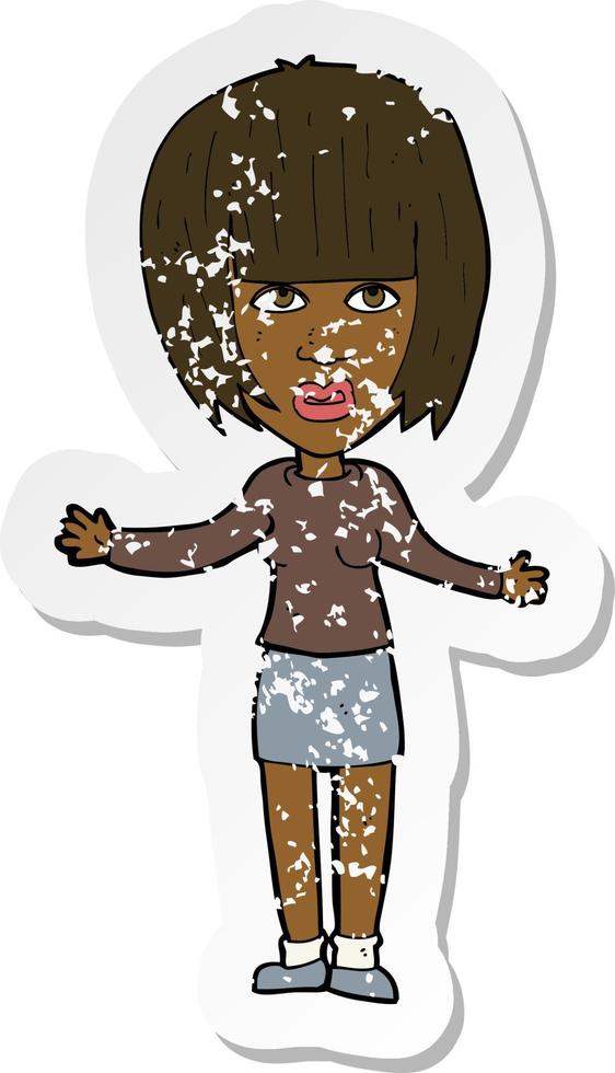 retro distressed sticker of a cartoon woman shrugging shoulders vector