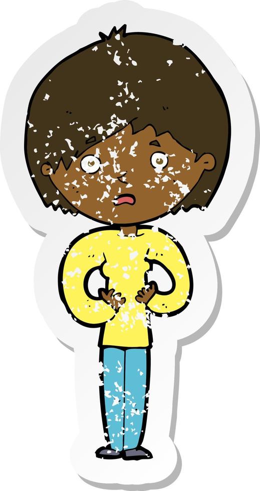 retro distressed sticker of a cartoon woman making Who Me gesture vector