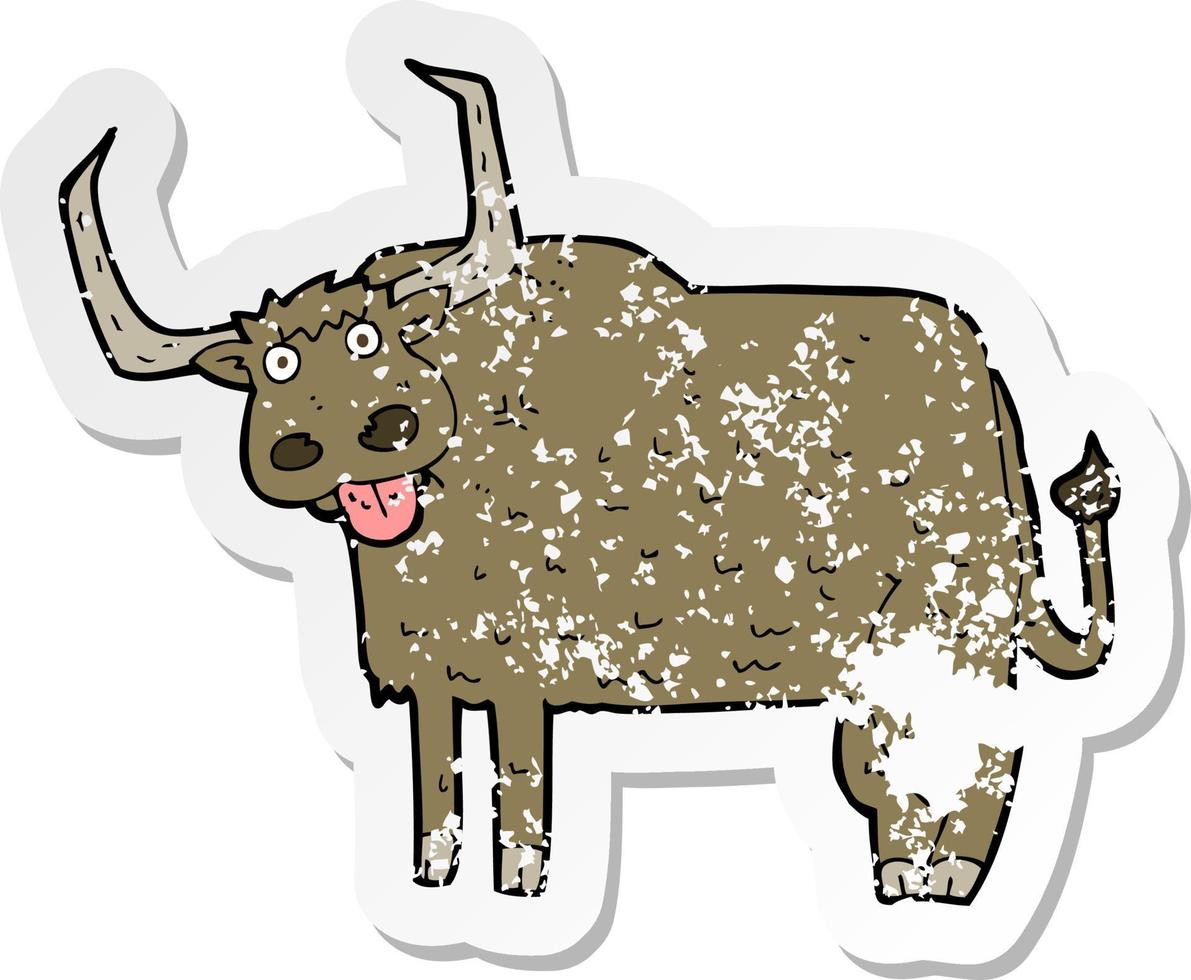pegatina retro angustiada de una vaca peluda de dibujos animados vector
