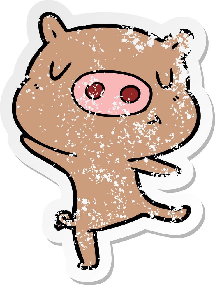 distressed sticker of a cartoon pig dancing vector