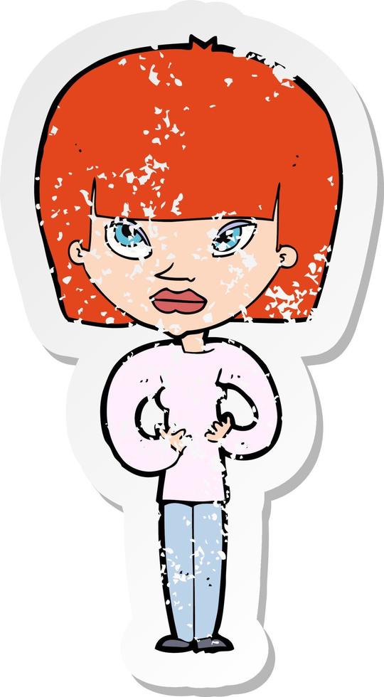 retro distressed sticker of a cartoon woman gesturing at herself vector