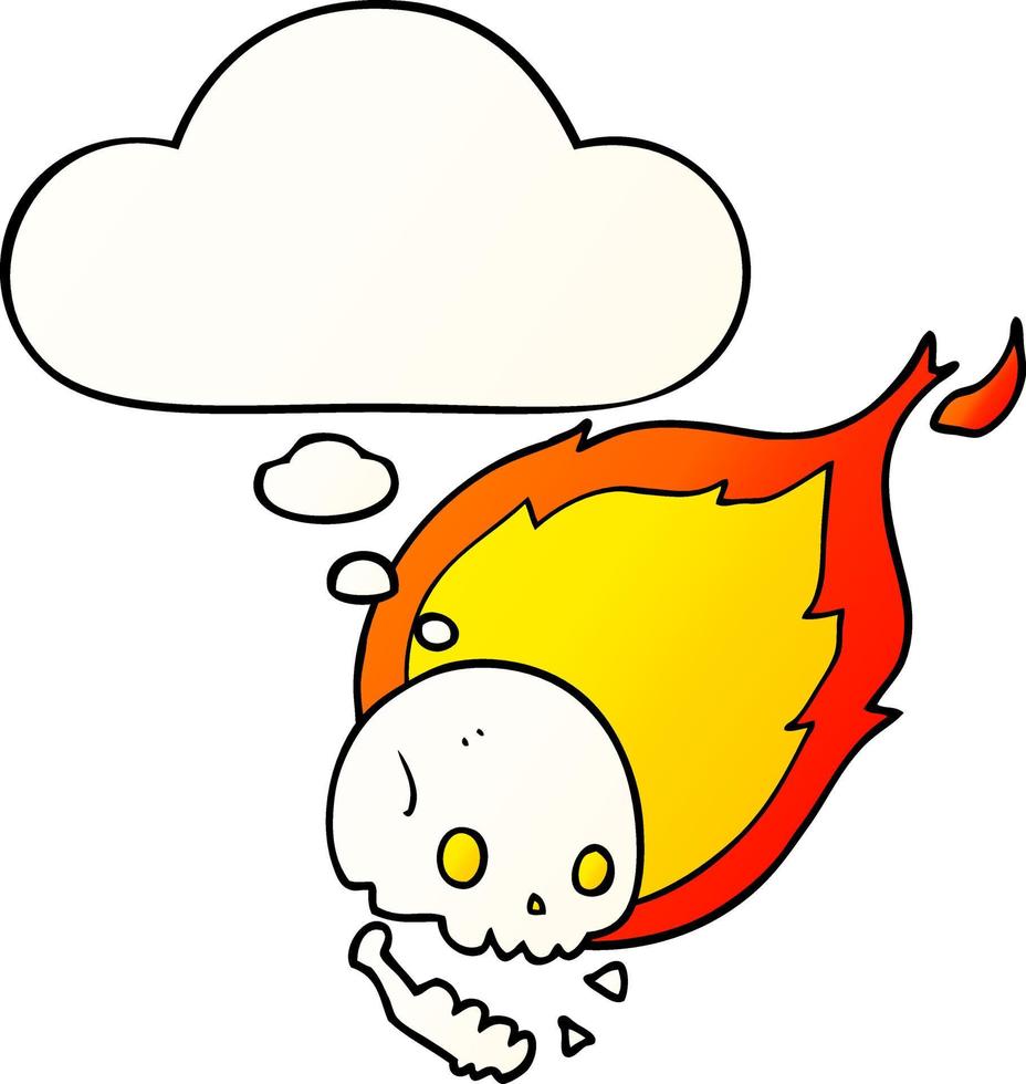 spooky cartoon flaming skull and thought bubble in smooth gradient style vector