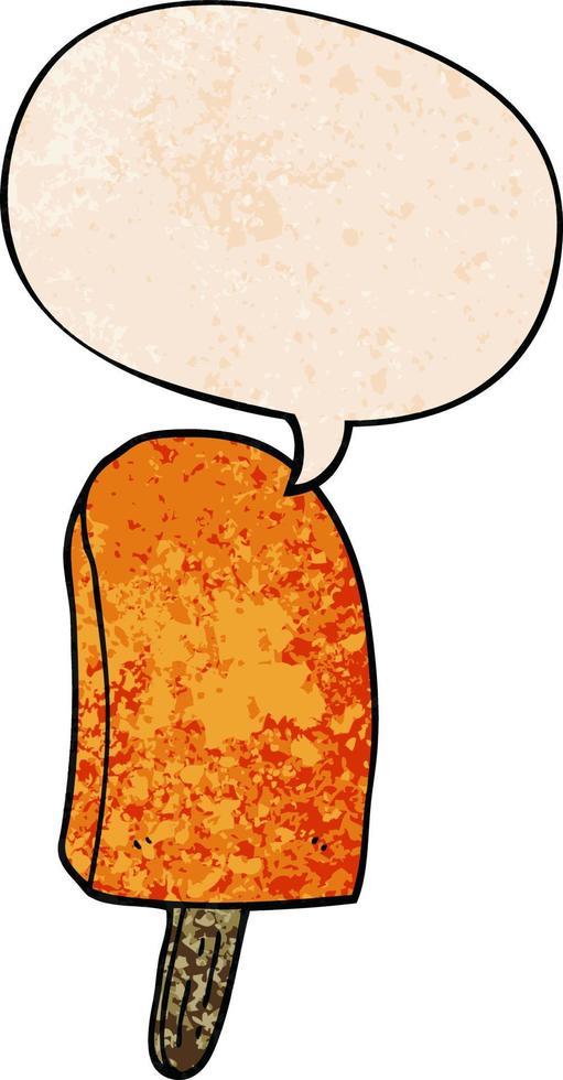 cartoon ice lolly and speech bubble in retro texture style vector