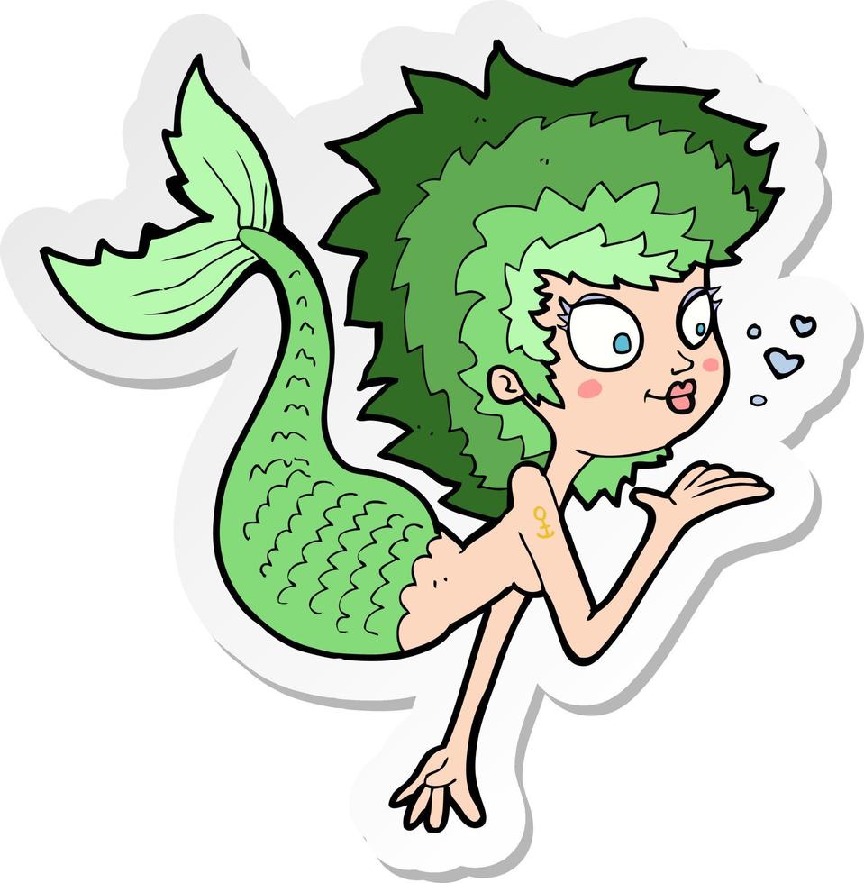 sticker of a cartoon mermaid blowing a kiss vector
