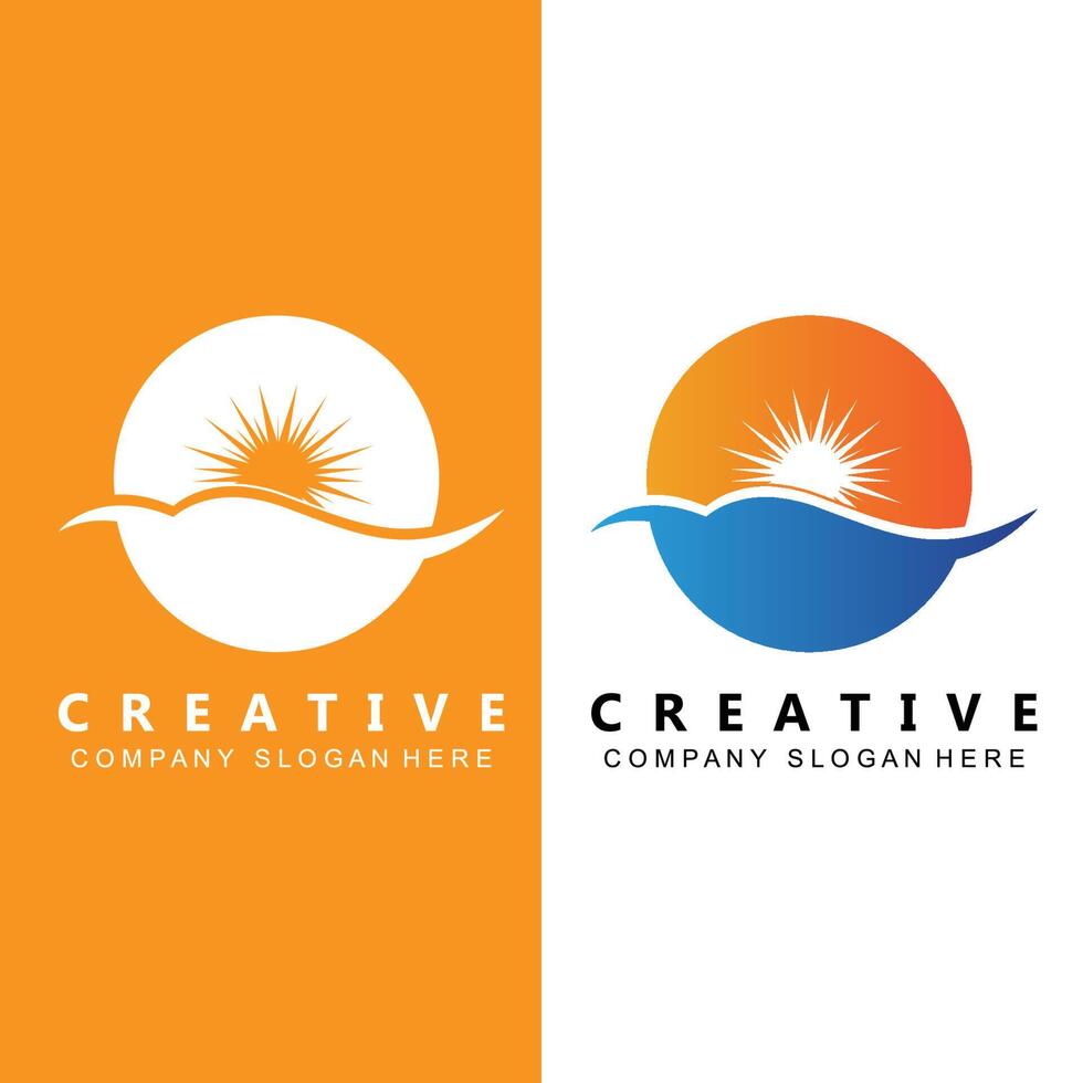River And Sun Logo Design, Natural Landscape Illustration, Company Brand Vector