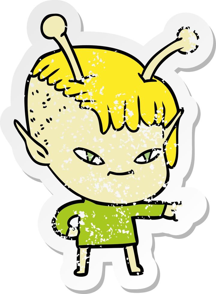 distressed sticker of a cute cartoon alien girl vector