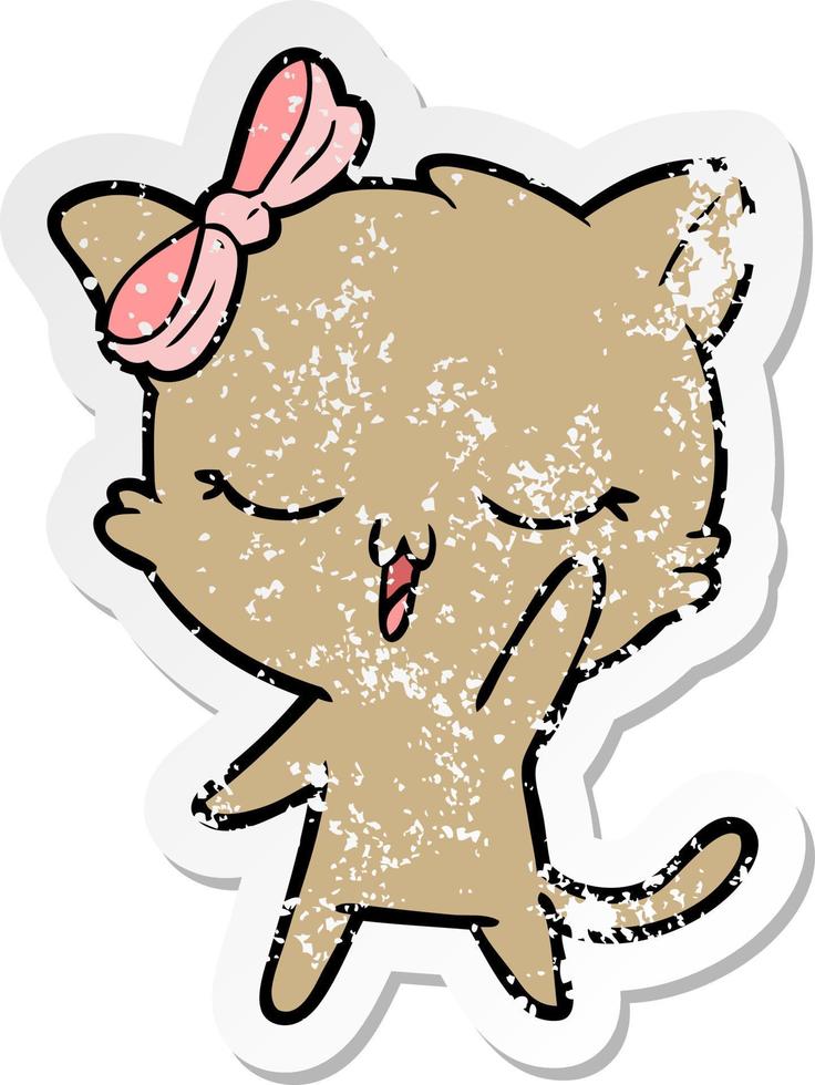 distressed sticker of a cartoon cat with bow on head waving vector