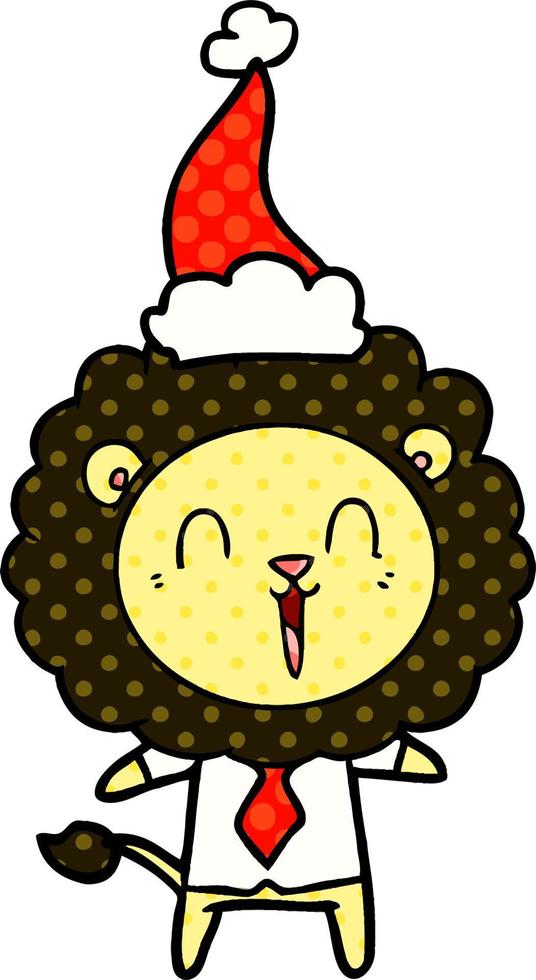 laughing lion comic book style illustration of a wearing santa hat vector