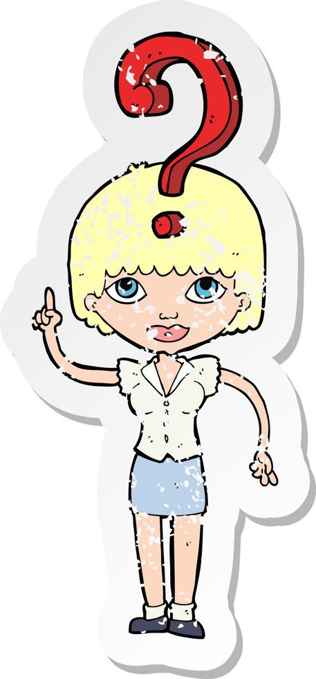 retro distressed sticker of a cartoon woman asking question vector