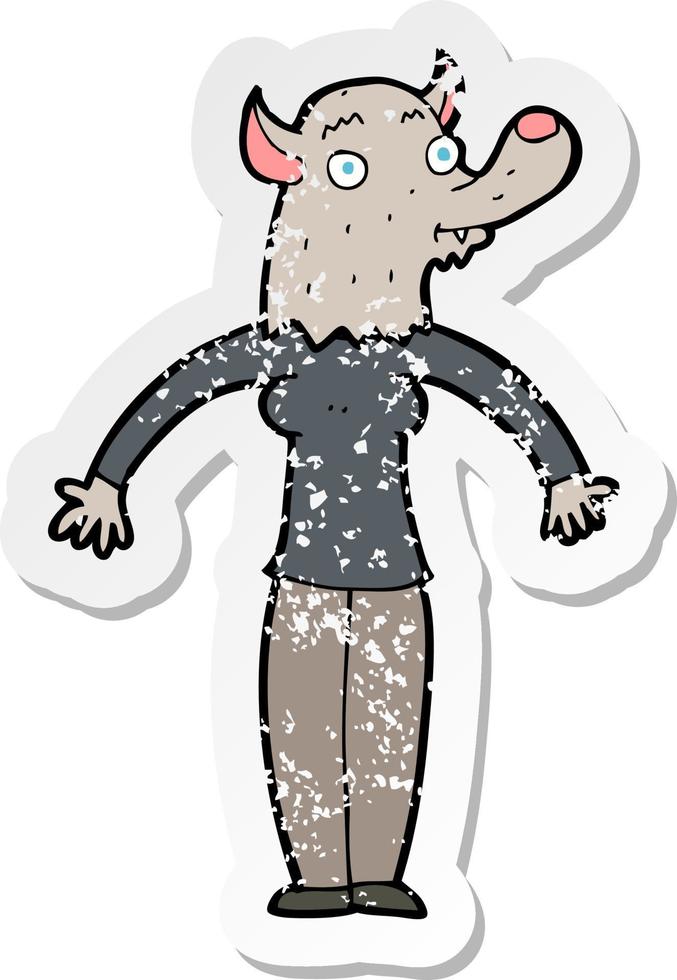 retro distressed sticker of a cartoon friendly werewolf woman vector