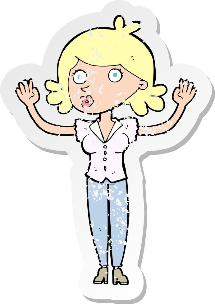 retro distressed sticker of a cartoon woman surrendering vector