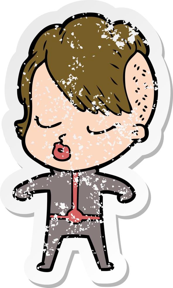 distressed sticker of a cartoon pretty hipster girl vector
