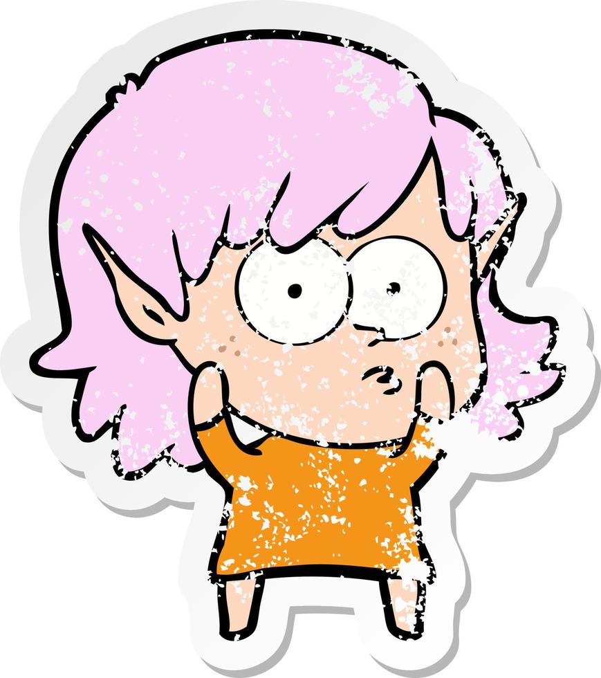 distressed sticker of a cartoon elf girl staring vector