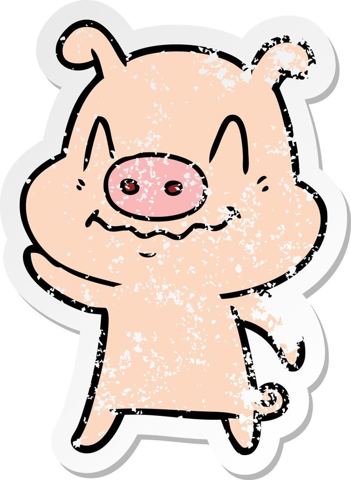 distressed sticker of a nervous cartoon pig vector