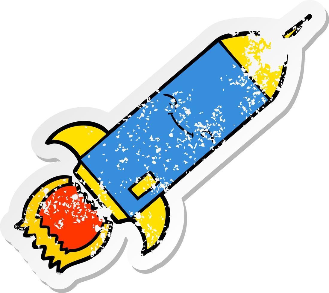 distressed sticker of a cartoon rocket vector