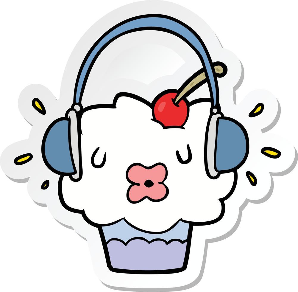 sticker of a cartoon cupcake listening to music vector