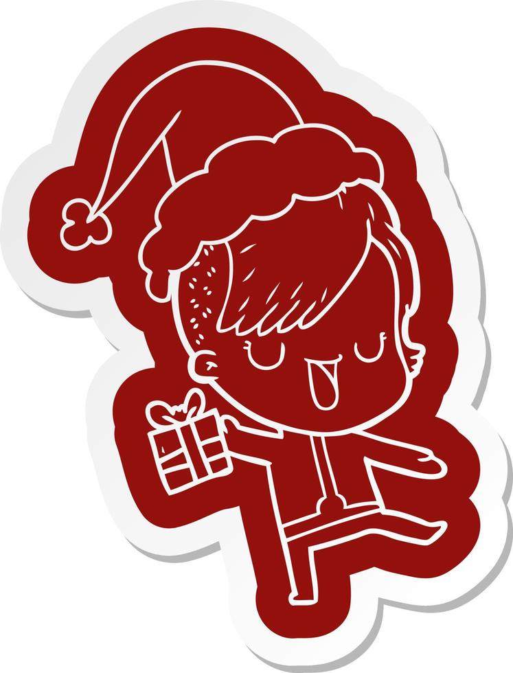 cute cartoon  sticker of a girl with hipster haircut wearing santa hat vector