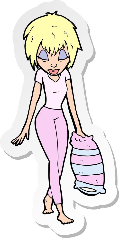 sticker of a cartoon woman going to bed vector