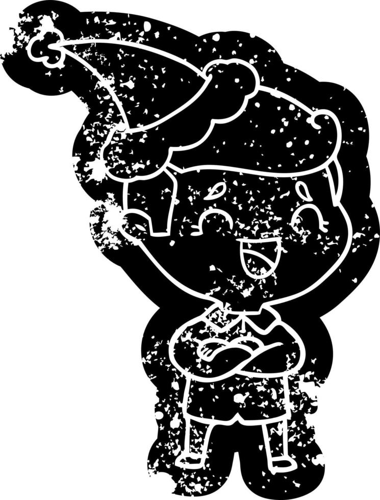 cartoon distressed icon of a laughing man wearing santa hat vector