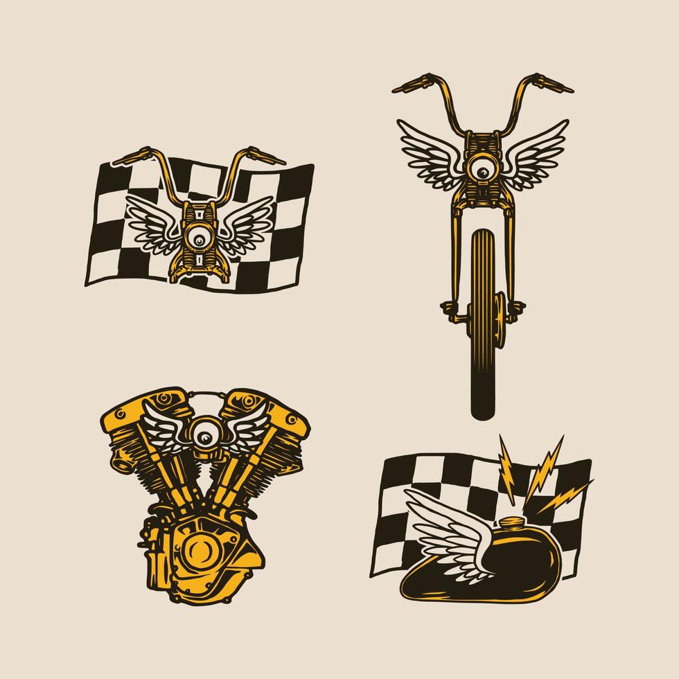 conjunto de insignia de logotipo de motocicleta y garaje de estilo vintage dibujada a mano vector