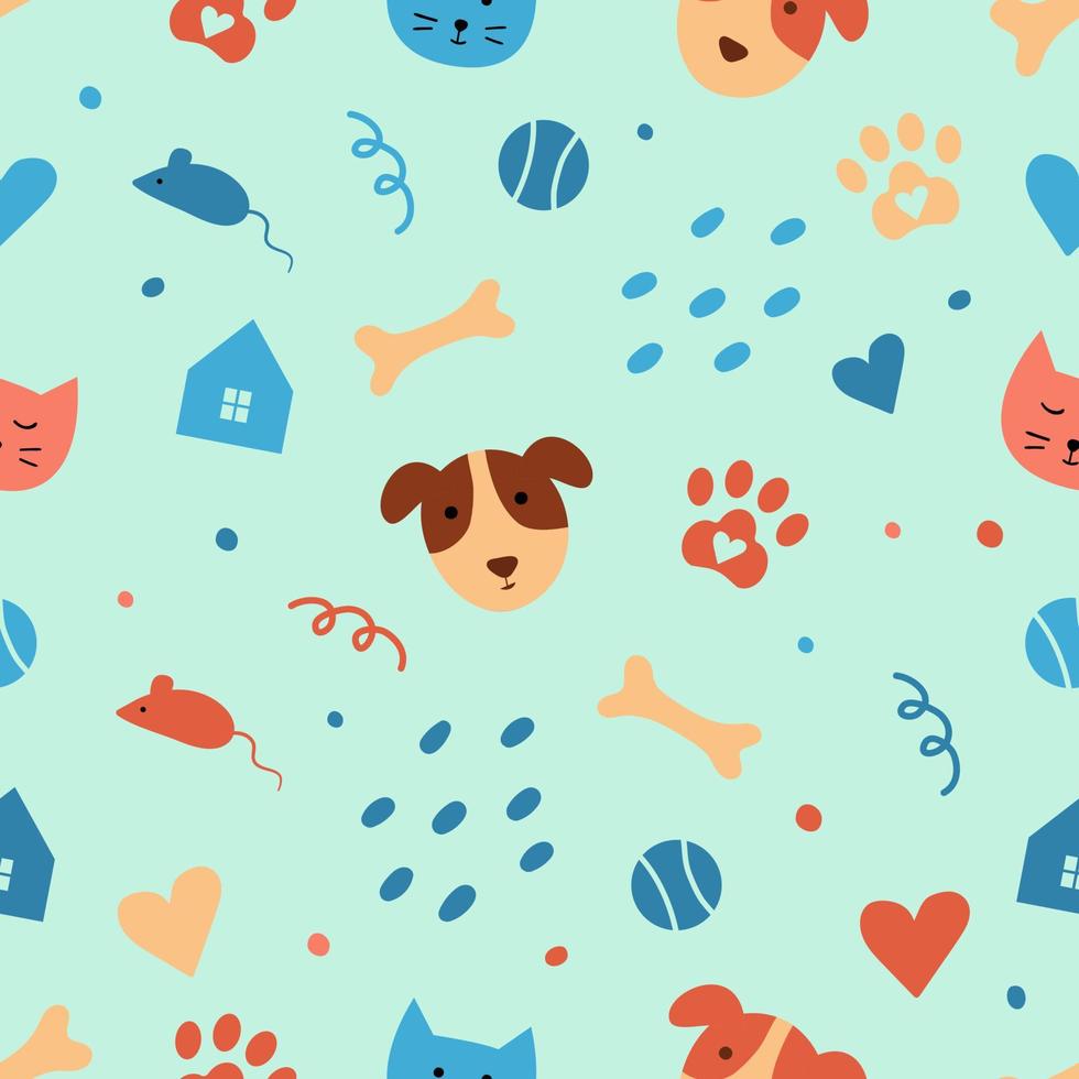 Seamless pattern with cute pts on a blue background. Vector illustration with petsand elements. Advertising a shelter, or pets shop decoration or pets products packing