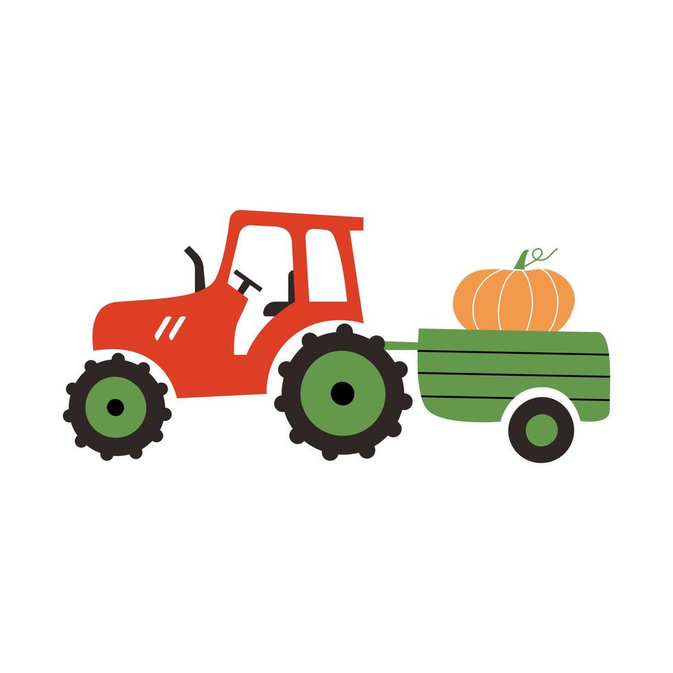 un tractor rojo con una calabaza en un carro. vector