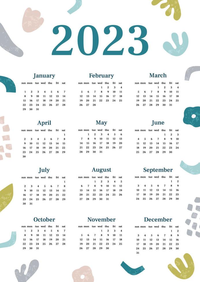 Calendar 2023 retro abstract with texture. Vertical one sheet with all monthes. Week start on Sunday. A4 A3 A2 A5. Vector illustration in trendy style in pastel colors. Minimalistic design