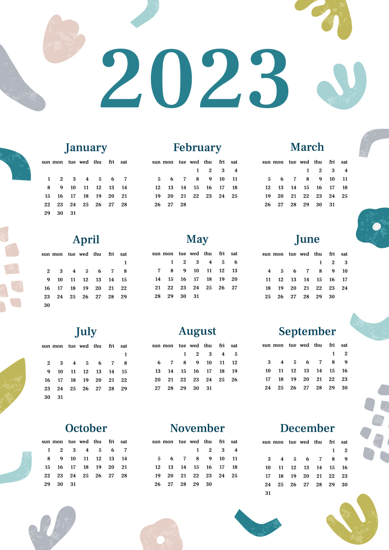Calendar 2023 retro abstract with texture. Vertical one sheet with all