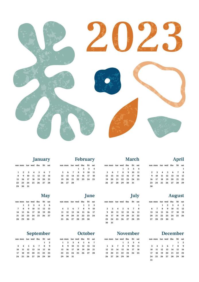 Calendar 2023 retro abstract with texture. Vertical one sheet with all monthes. Week start on Sunday. A4 A3 A2 A5. Vector illustration in trendy style in pastel colors. Minimalistic design