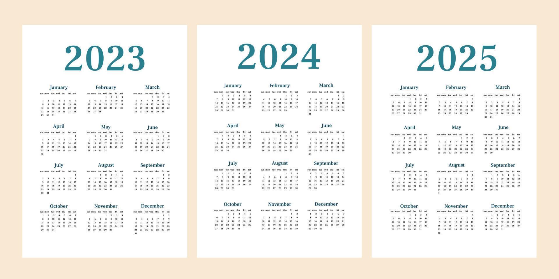 calendario simple 2023, 2024,2025 conjunto. una hoja vertical con todos los meses. inicio de semana el domingo. a4 a3 a2 a5. diseño minimalista vectorial vector