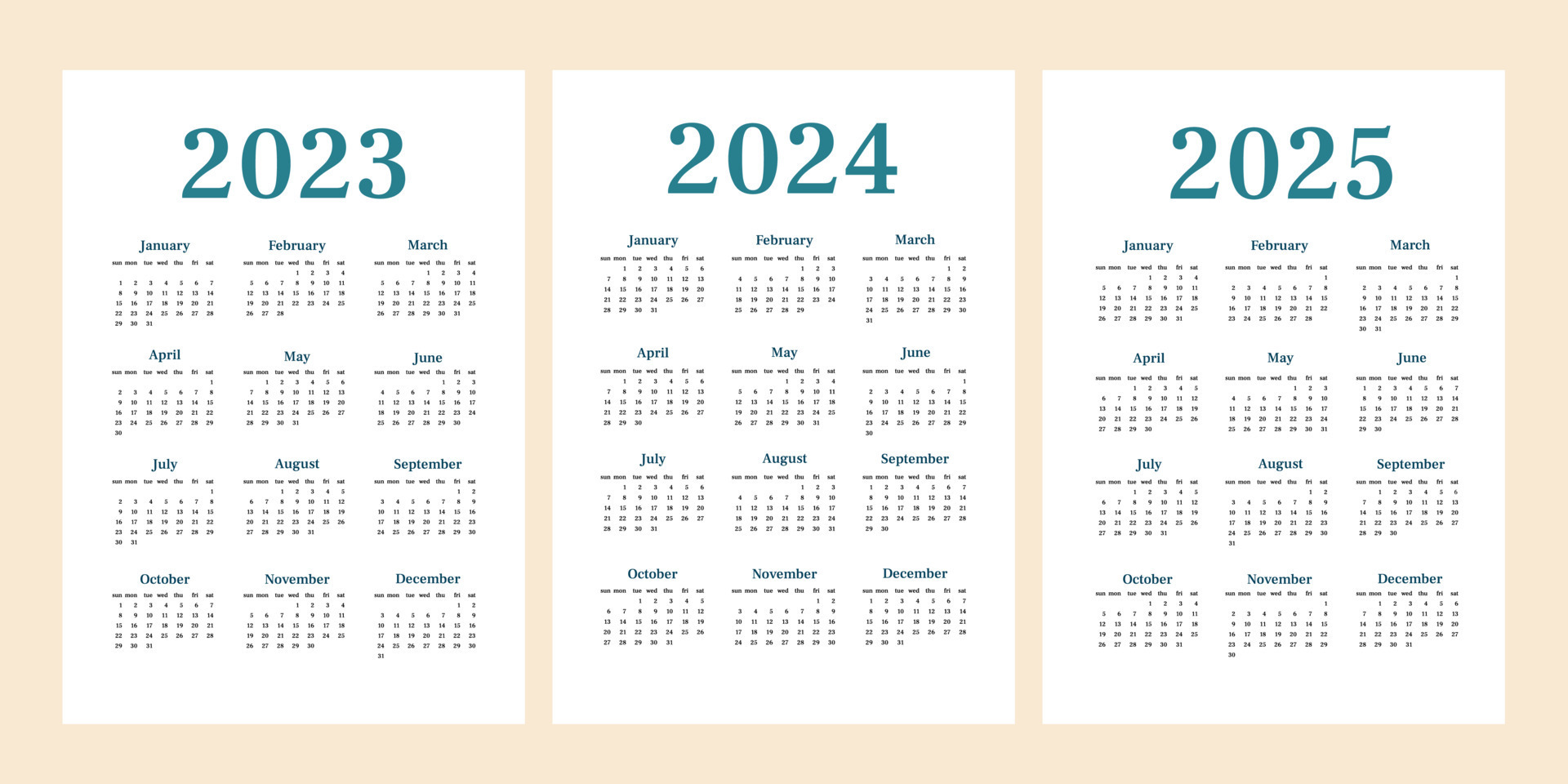 Simple calendar 2023, 2024,2025 set. Vertical one sheet with all