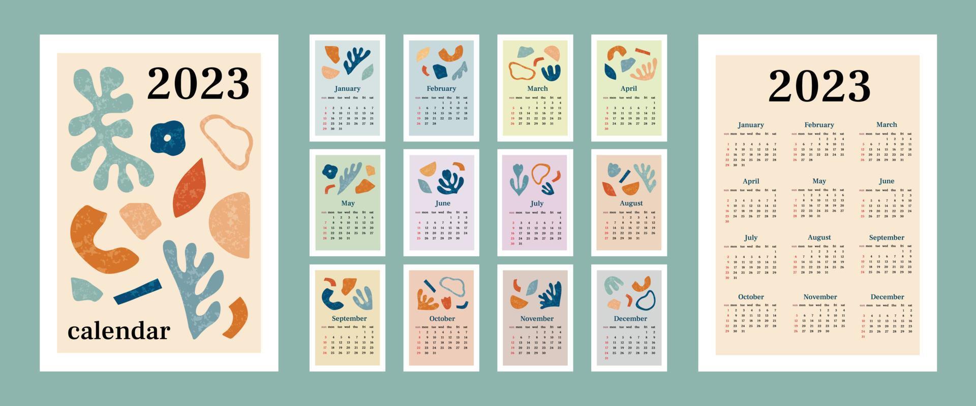 Calendar 2023 with abstract organic elements and texture. Week start on Sunday. Set of 12 months, cover and one sheet of the year. Template for A4 A3 A5 size. Vector illustration in trendy style