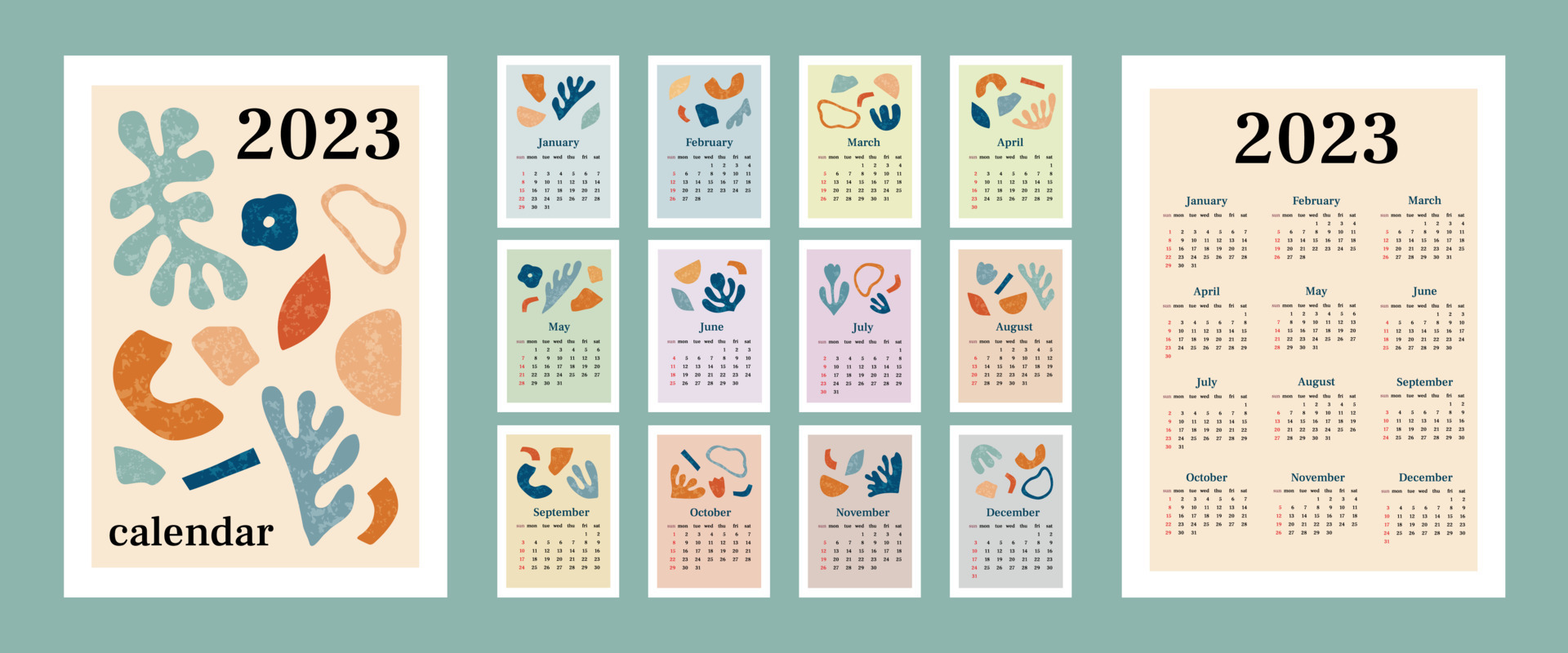 Calendar 2023 with abstract organic elements and texture. Week start on