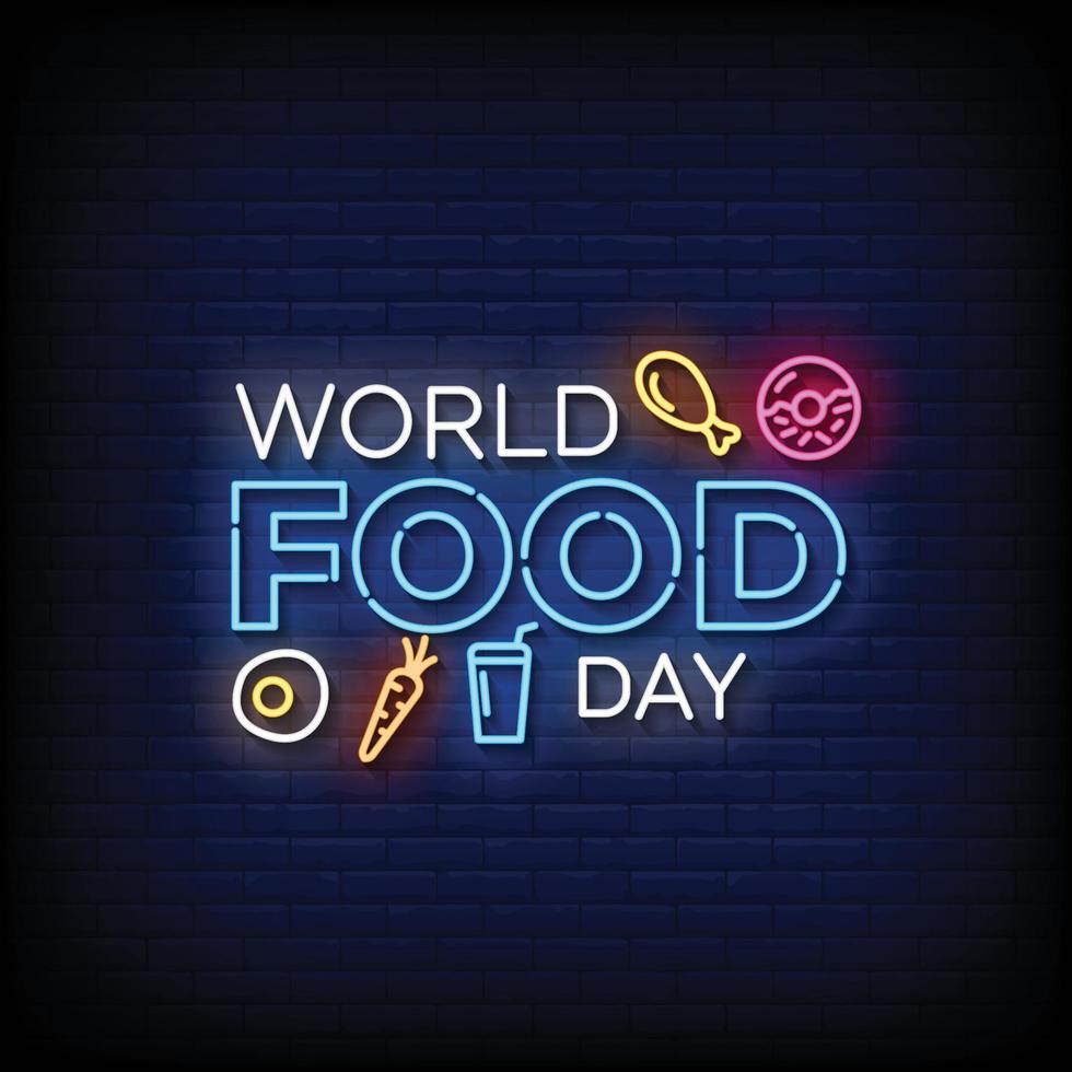Neon Sign world food day Brick Wall Background Vector