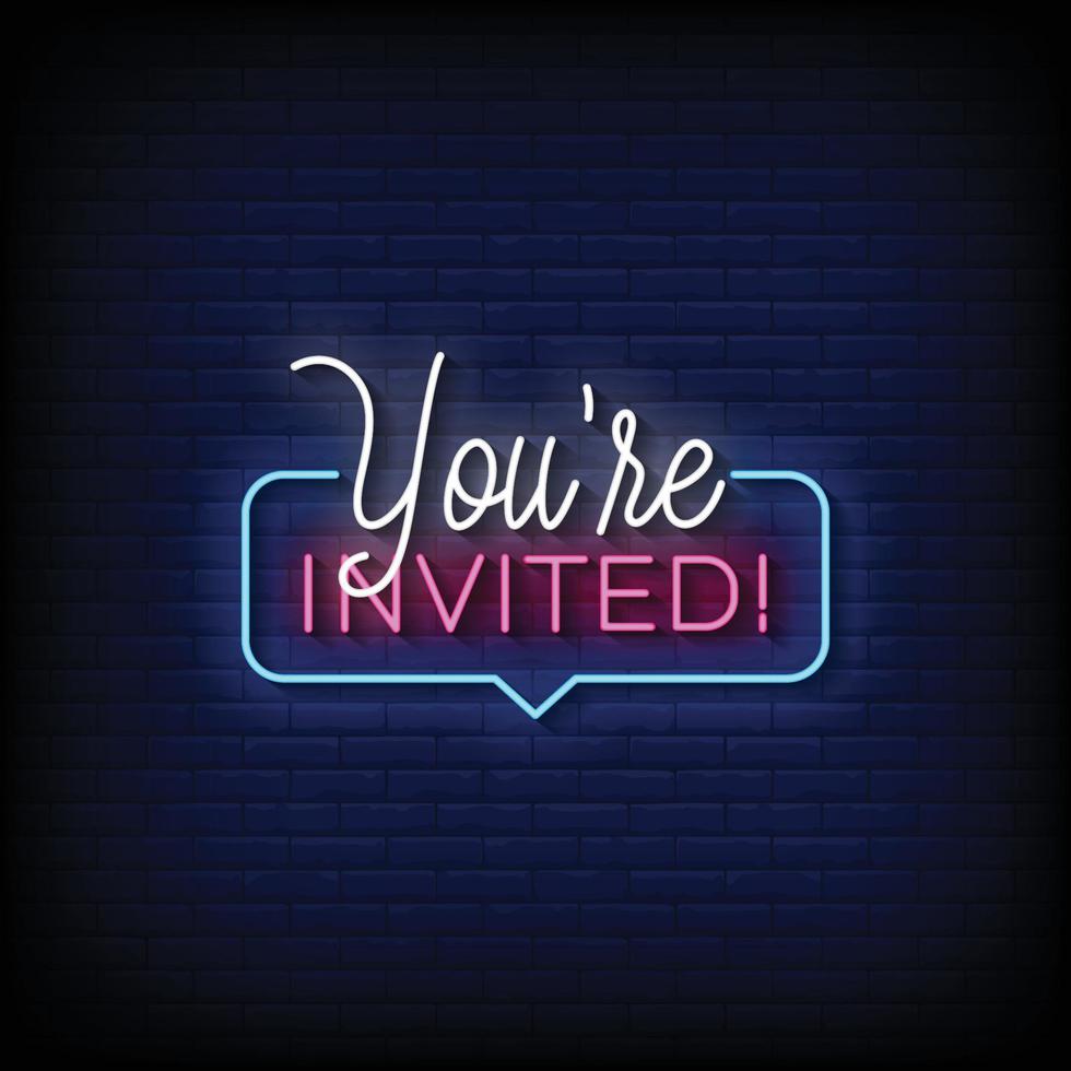Neon Sign you are invited with Brick Wall Background Vector