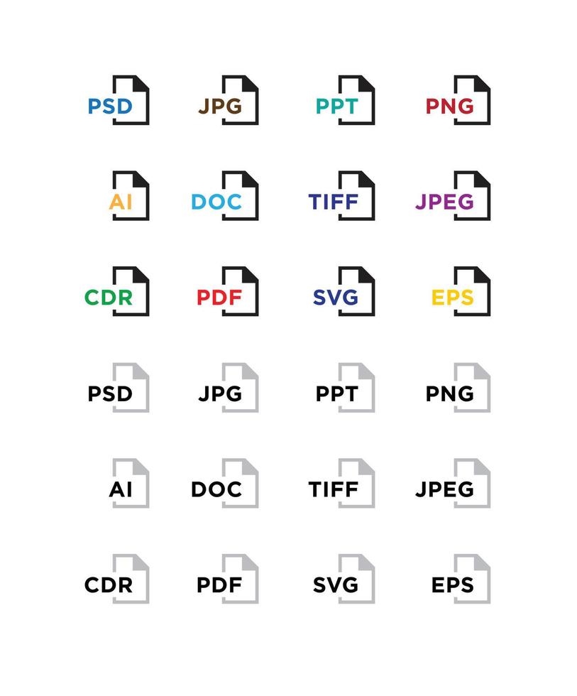 Icons for expanding formats. File Icons. Vector flat icons with gradient, isolated on white background. Fashionable style. Icons for website and print. Icons of files png, jpeg, ai, esp, cdr