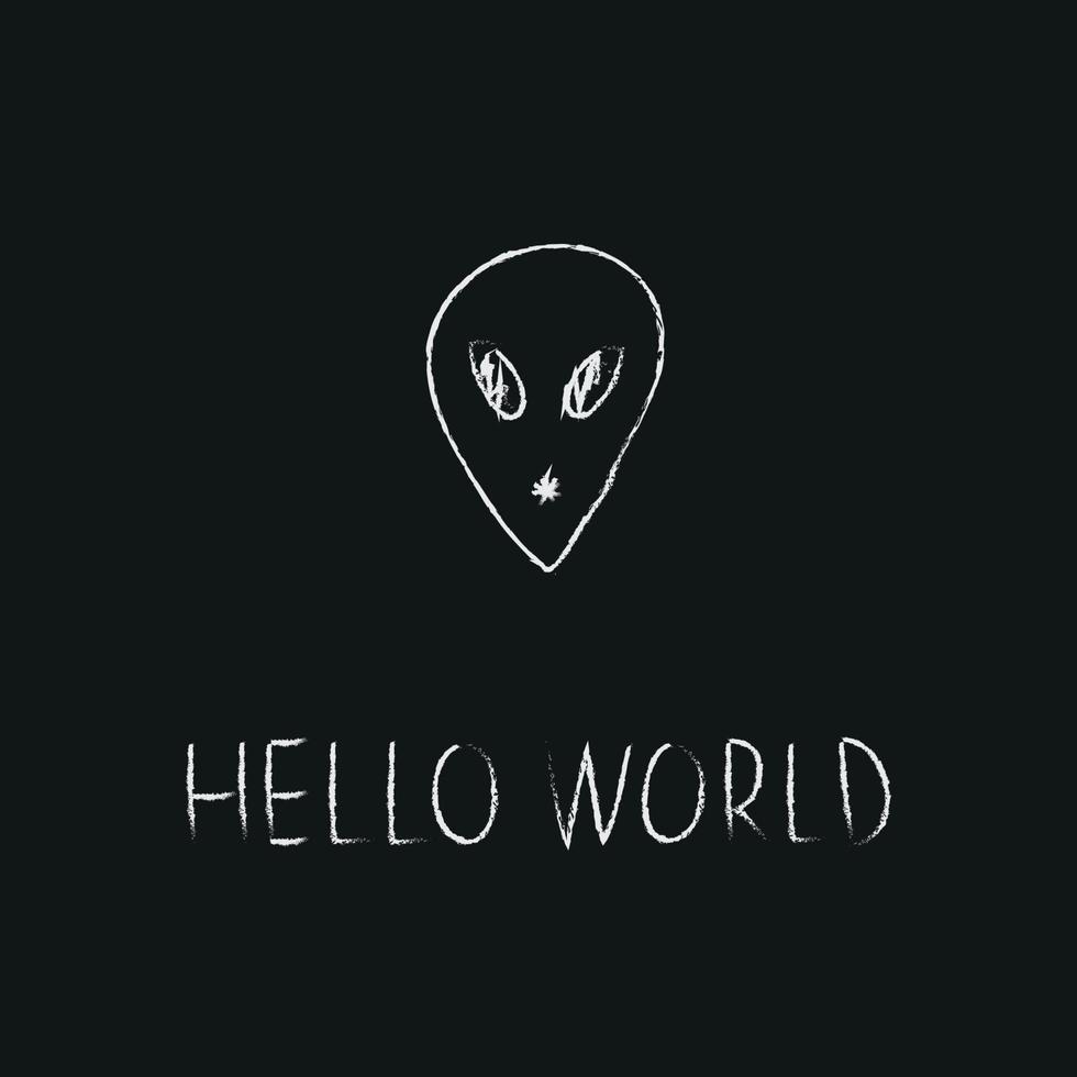 Doodle cosmos illustration in childish style. Hand drawn space card with lettering hello world, alien. Black and white. vector