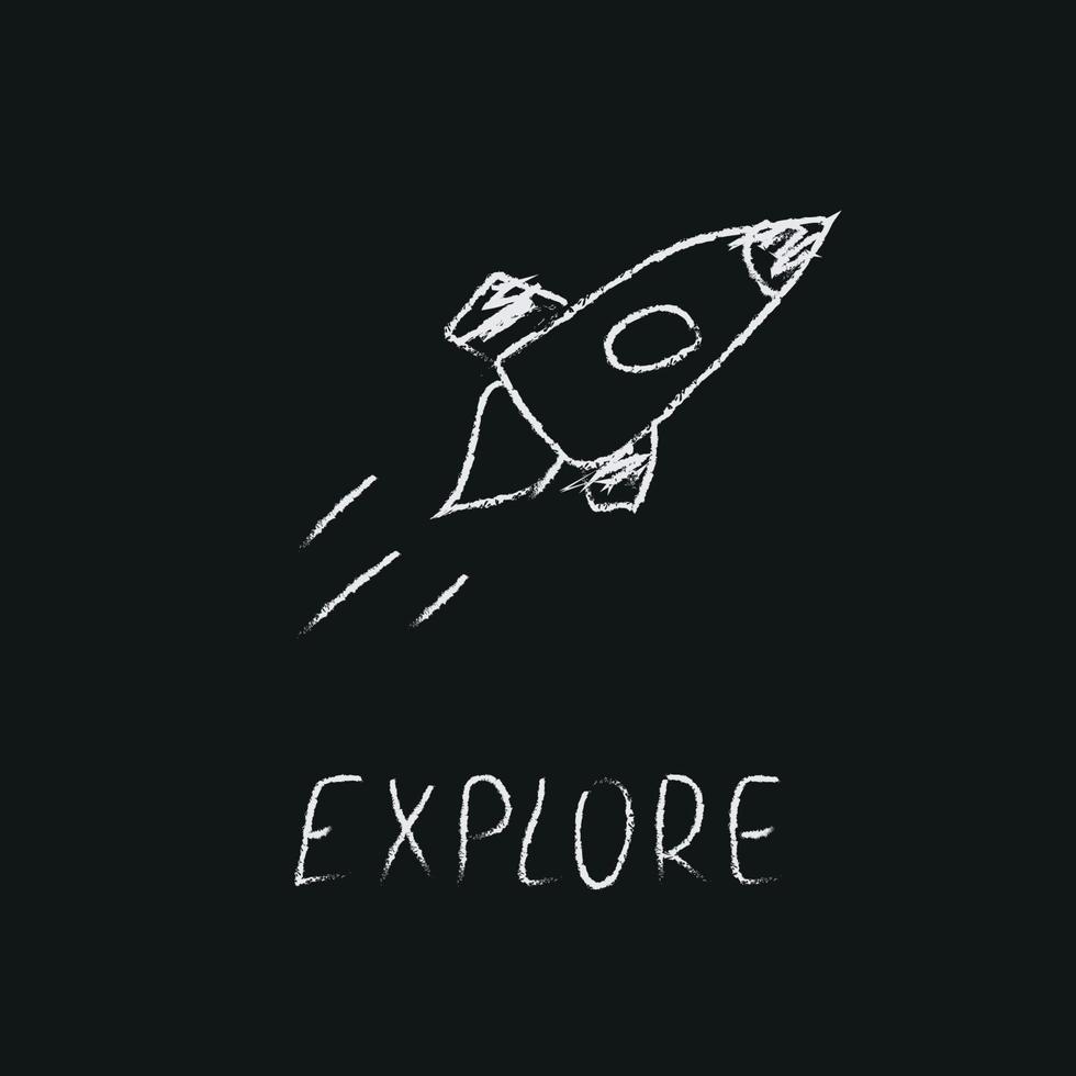 Doodle cosmos illustration in childish style. Hand drawn space card with lettering explore, rocket. Black and white vector