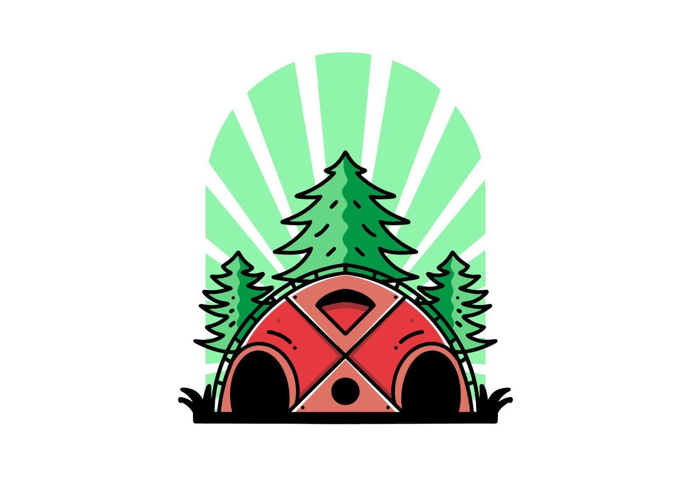 Big family tent and pine trees illustration badge design vector