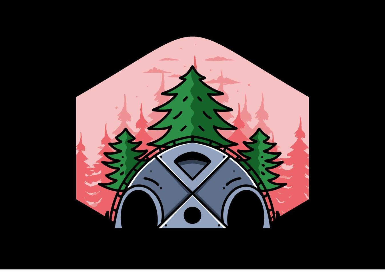 Big family tent and pine trees illustration badge design vector
