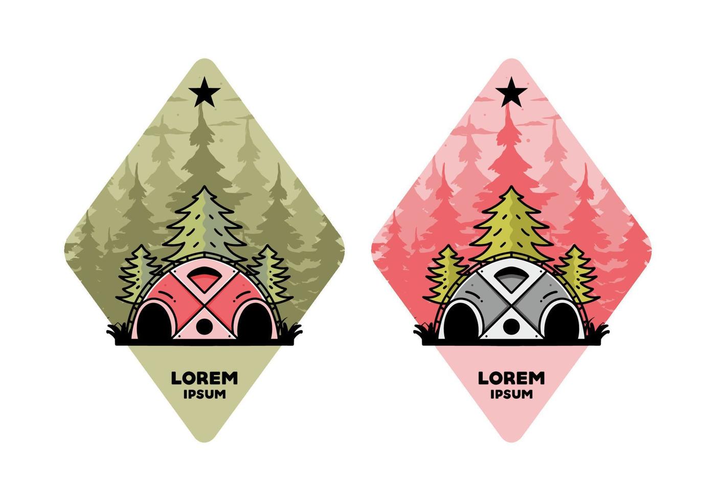 Big family tent and pine trees illustration badge design vector