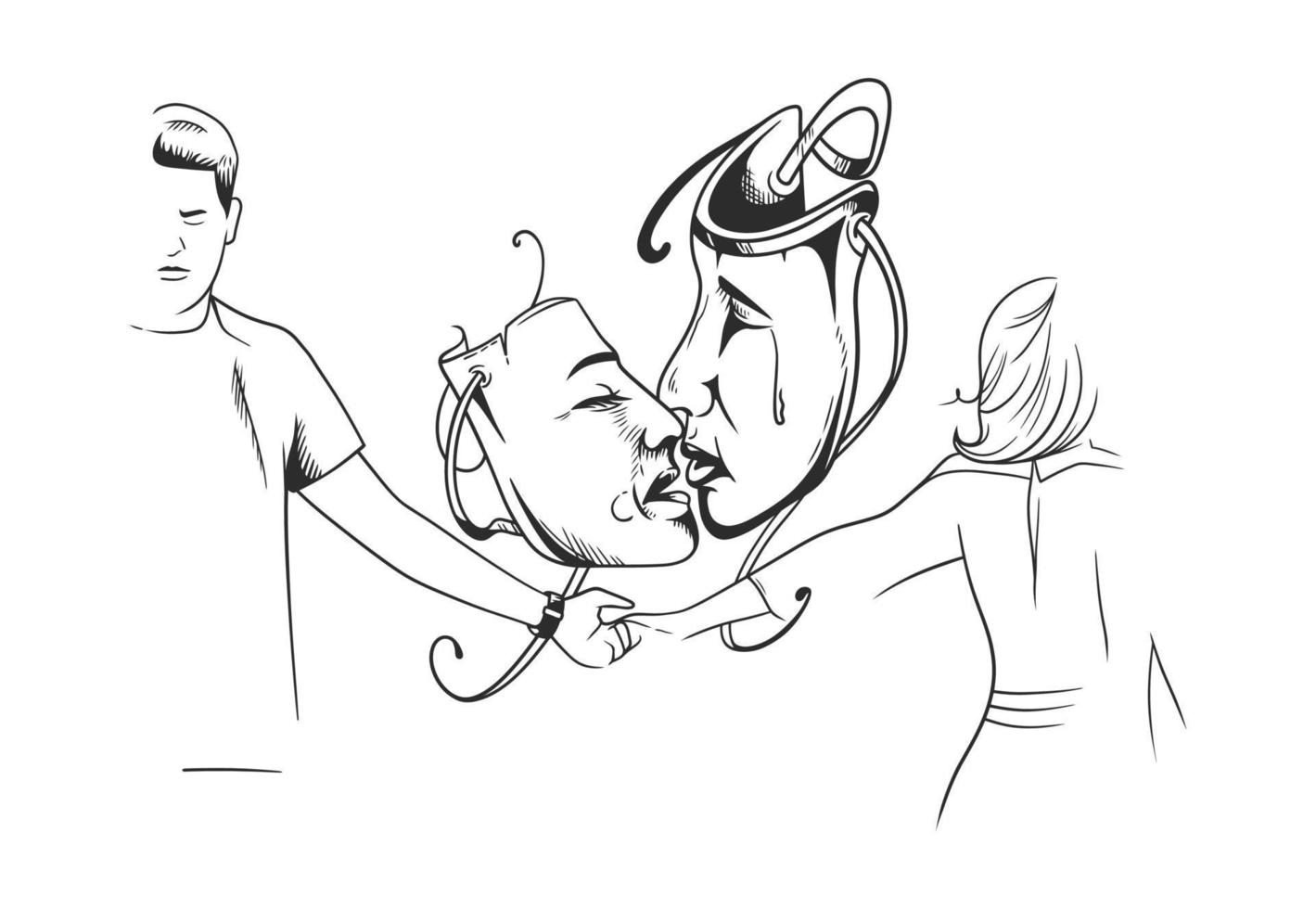 Young couple in conflict, choosing between, vector line art