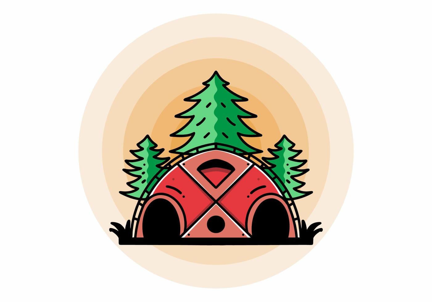 Big family tent and pine trees illustration badge design vector