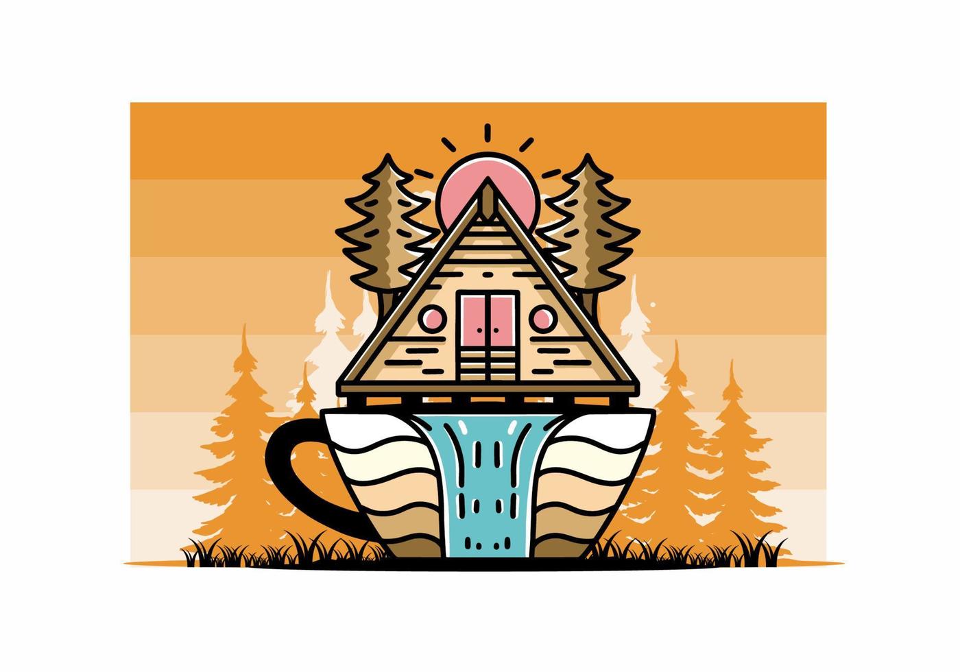 Wood cabin and pine trees on the coffee cup shape with waterfall illustration vector