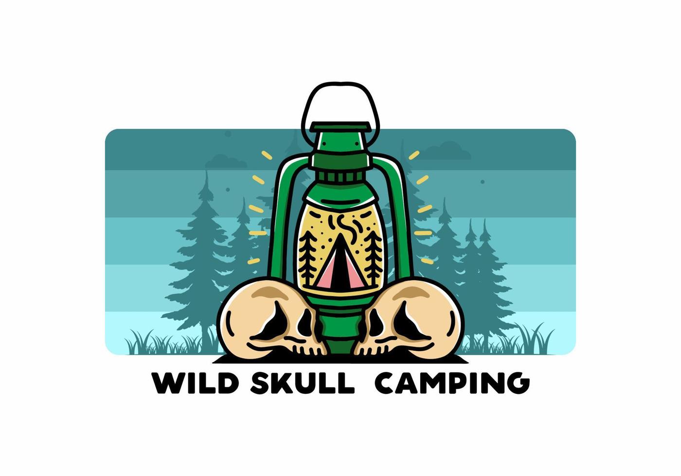 Outdoor lantern with triangle camping tent and two skull illustration vector